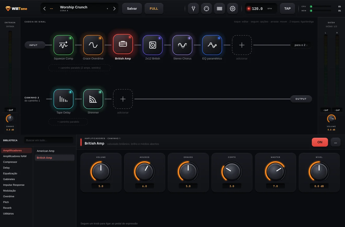 Tela do WillTone com uma cadeia de compressor, overdrive, amplificador, gabinete, chorus, EQ, delay e reverb